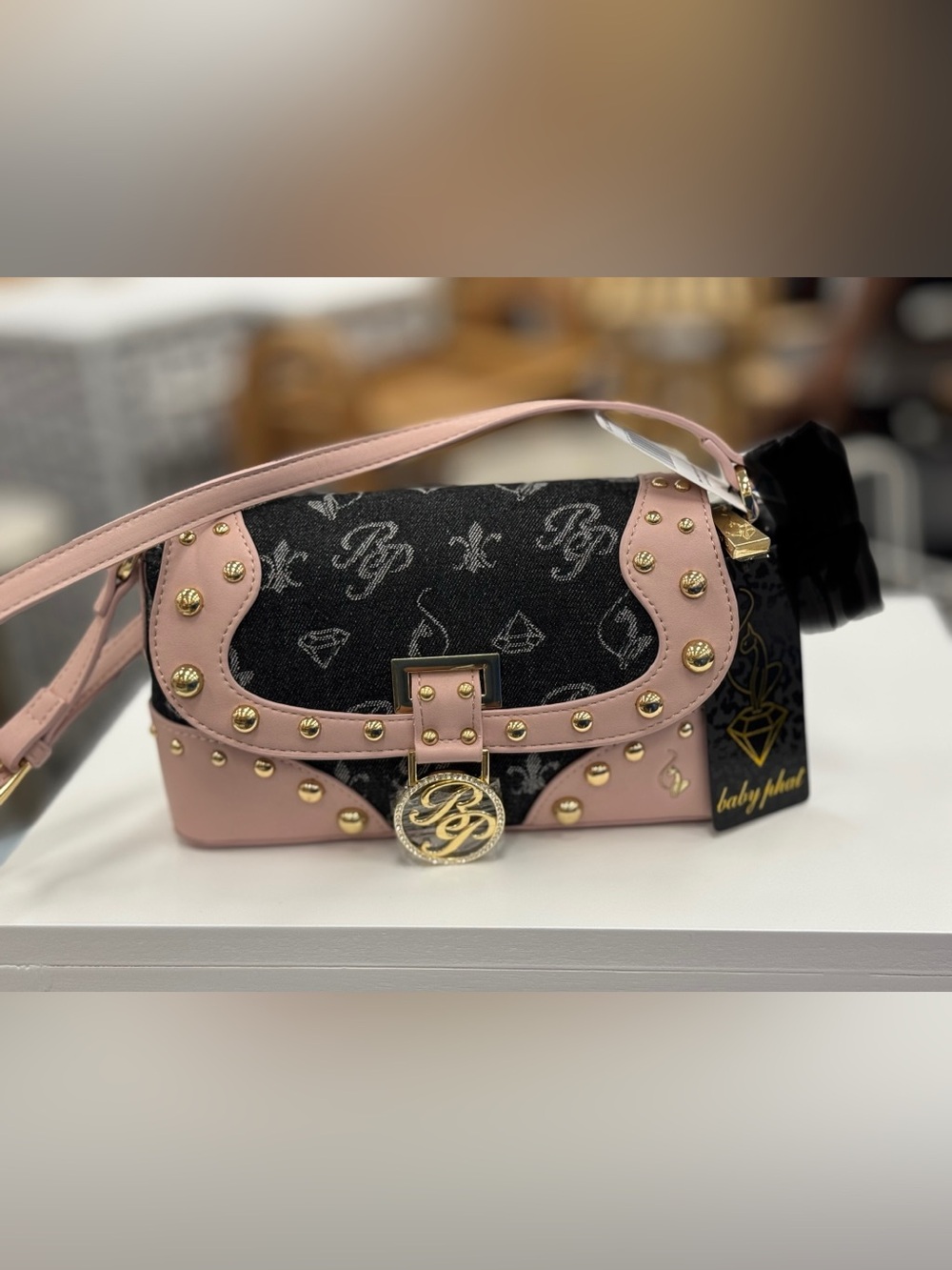 NEW BABY PHAT BLACK DENIM AND PALE PINK SHOULDER BAG